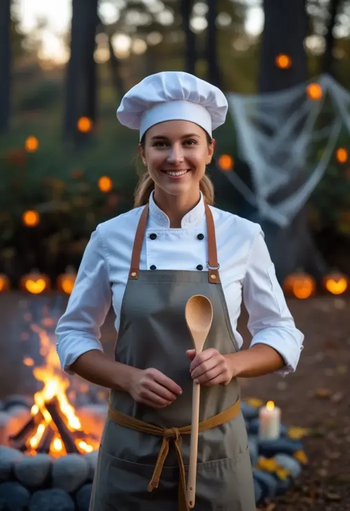 person dressed as a camp cook wearing an apron and chef’s hat holding a wooden spoon outdoors near a campfire with subtle Halloween decorations in the background