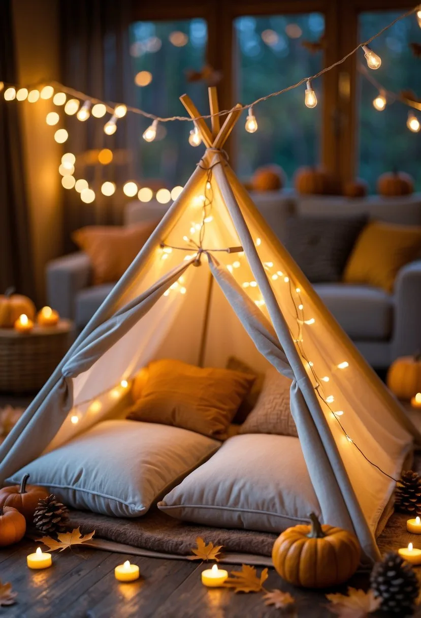 A cozy indoor tent decorated with soft fairy lights and autumn-themed decorations, creating a warm and inviting campsite atmosphere.