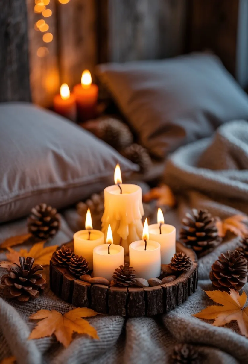 A small indoor campfire setup with flameless LED candles surrounded by pinecones and autumn leaves, with blankets and cushions nearby.
