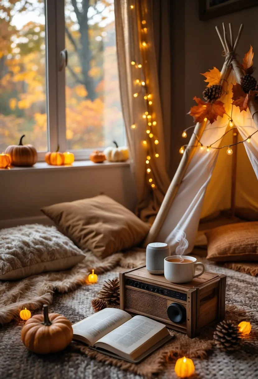 A cozy indoor camping setup with a small tent, cushions, blankets, and autumn decorations in a warmly lit room with fall foliage visible outside the window.