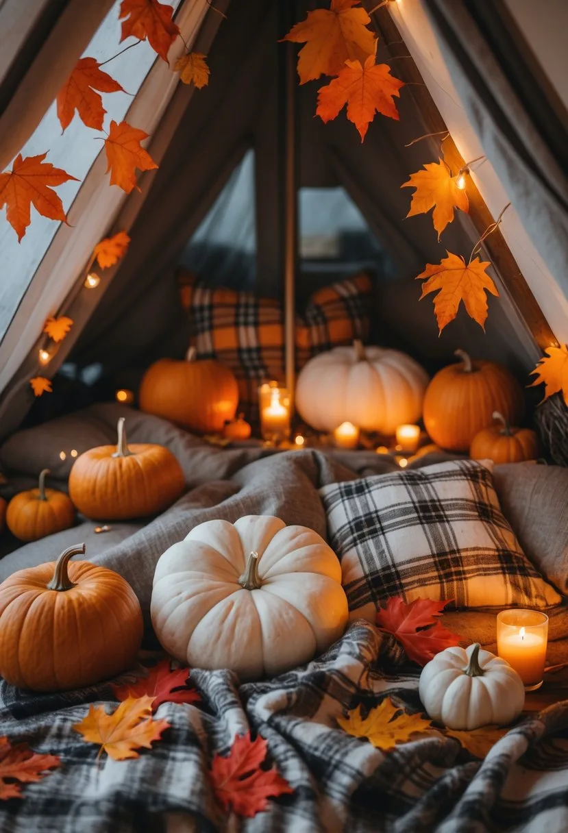 A cozy indoor camping setup with plaid throws, autumn leaves, and pumpkins creating a warm fall atmosphere.