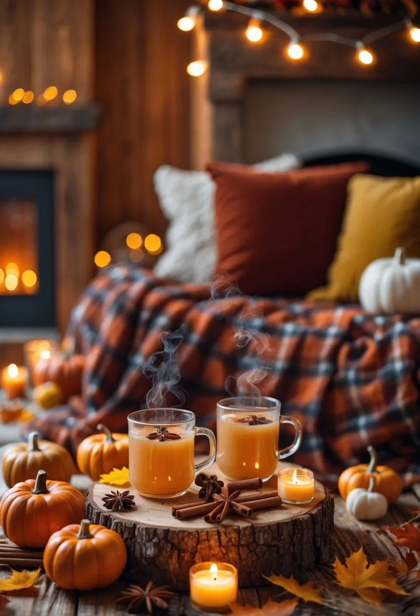 Cozy indoor fall camping setup with pumpkin spice and apple cider station, warm drinks, candles, autumn decorations, and soft blankets.