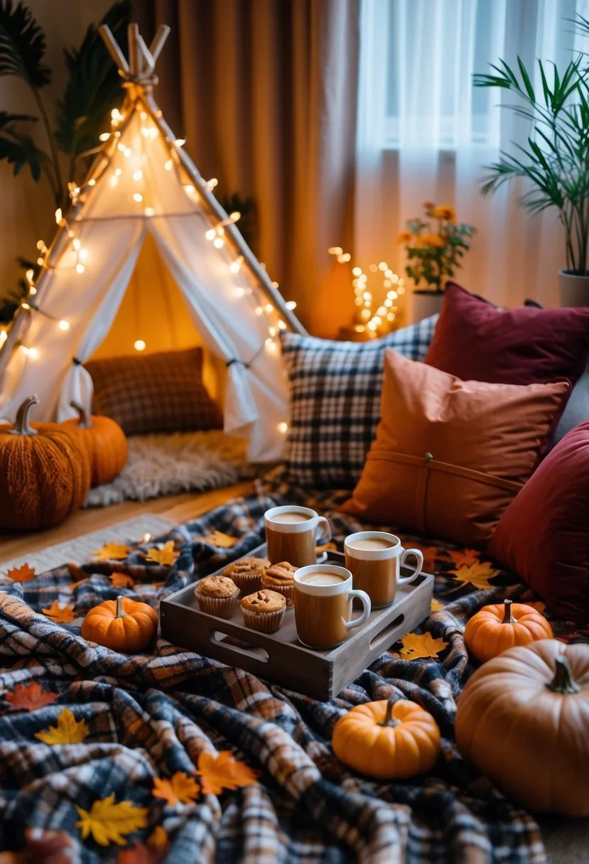 A cozy indoor fall picnic setup with a blanket, cushions, a tray of seasonal snacks, and a small decorated tent in a warmly lit living room.