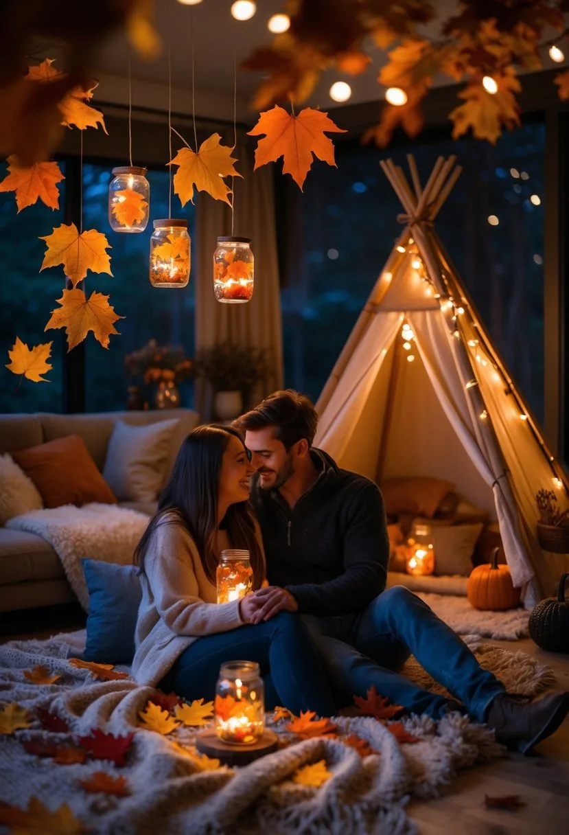 A couple sitting together on a blanket indoors surrounded by glowing leaf lanterns, fall decorations, and a small tent, creating a cozy indoor camping atmosphere.