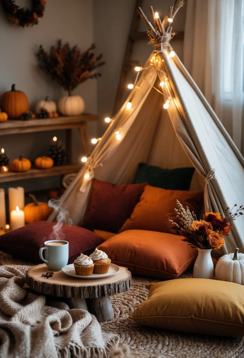 A cozy indoor camping setup for couples with a small tent, pillows, blankets, warm lighting, and autumn decorations like pumpkins and candles.