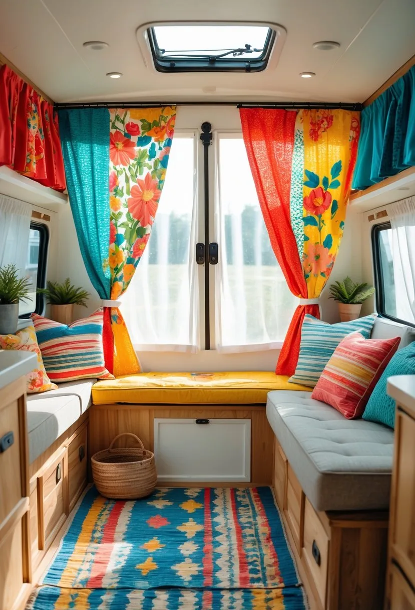 Interior of a camper van with colorful fabric curtains hanging on a window, brightening the cozy living space.