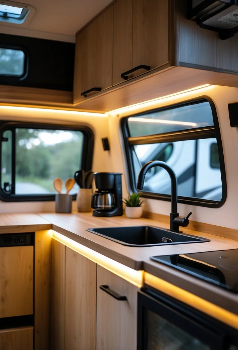 Interior of a camper van kitchen with under-cabinet LED strip lighting illuminating the countertop and cabinets.