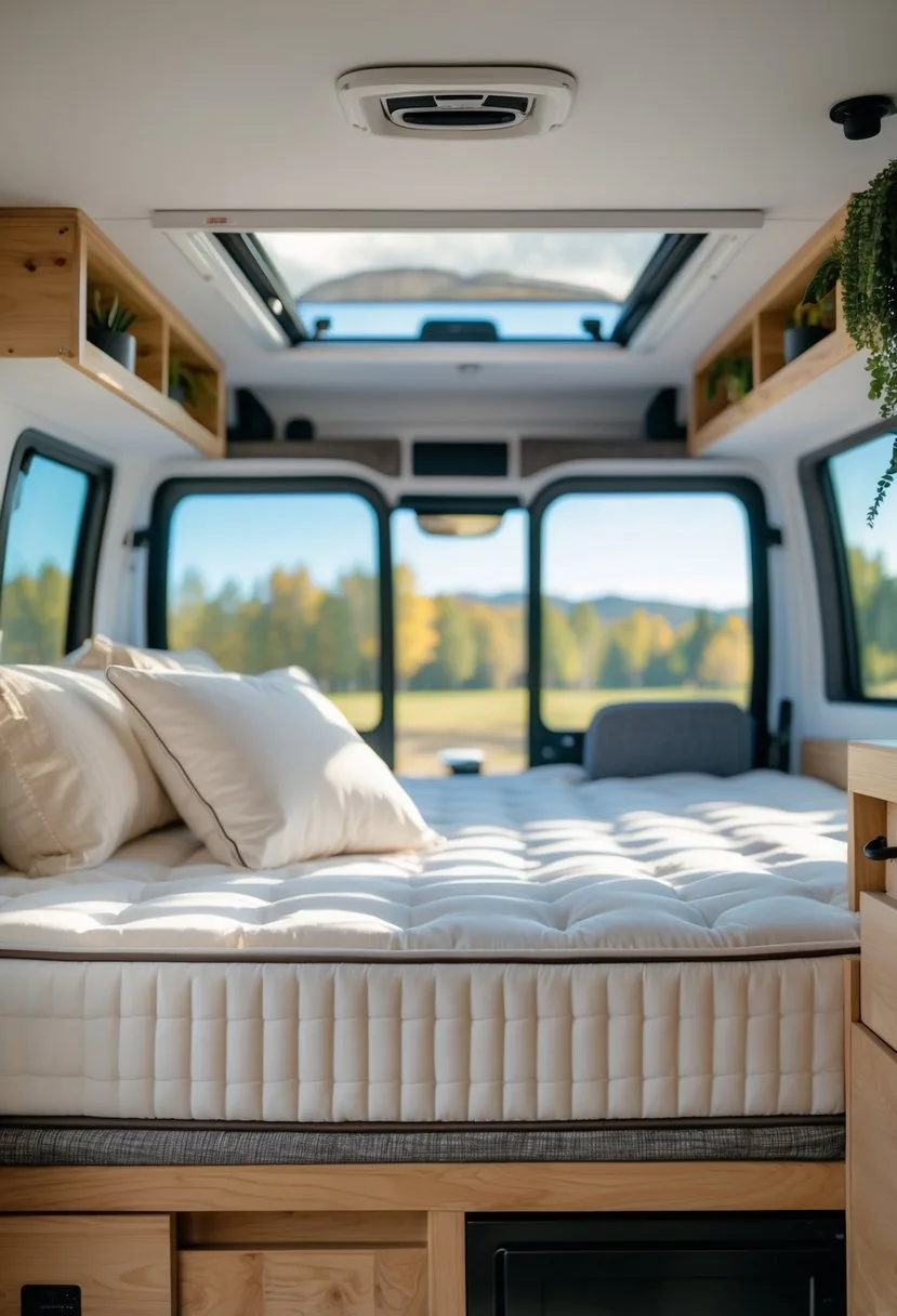 Interior of a camper van with a newly upgraded mattress on the bed, surrounded by wooden storage and natural light coming through windows.