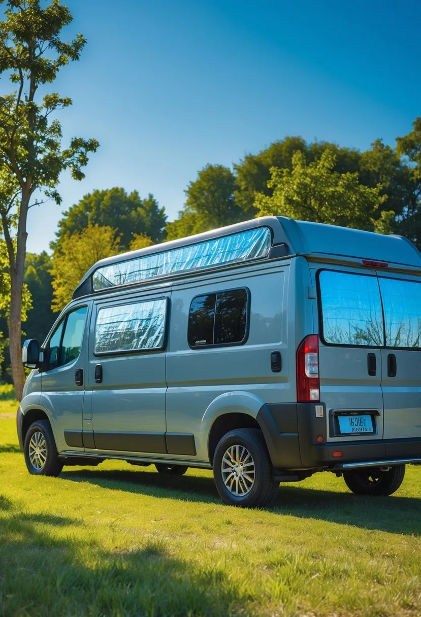 A camper van parked outdoors with reflective window covers on the windows under a sunny sky.