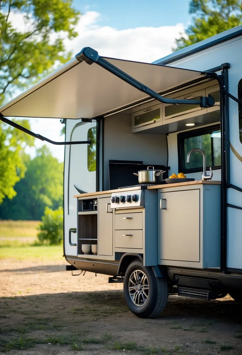 A camper with a slide-out outdoor kitchen extended, showing a stove, sink, and countertop in a natural outdoor setting.