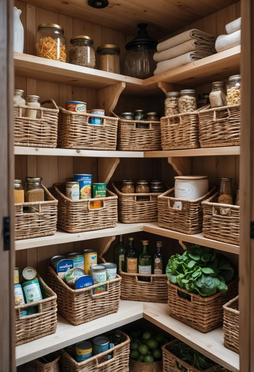 A pantry with wooden shelves holding wicker baskets filled with pantry items like jars, cans, and produce.