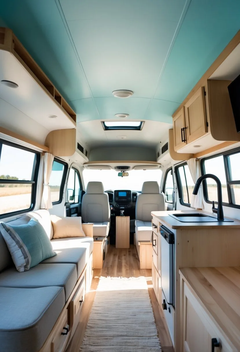 Interior of a camper with a light-colored ceiling, comfortable seating, and a compact kitchen area.