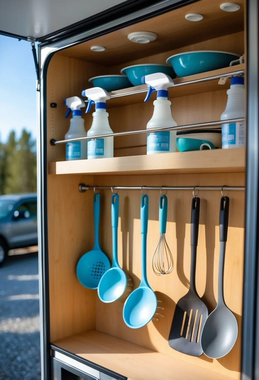 Open camper kitchen cabinet with tension rods holding spray bottles and cooking utensils inside.