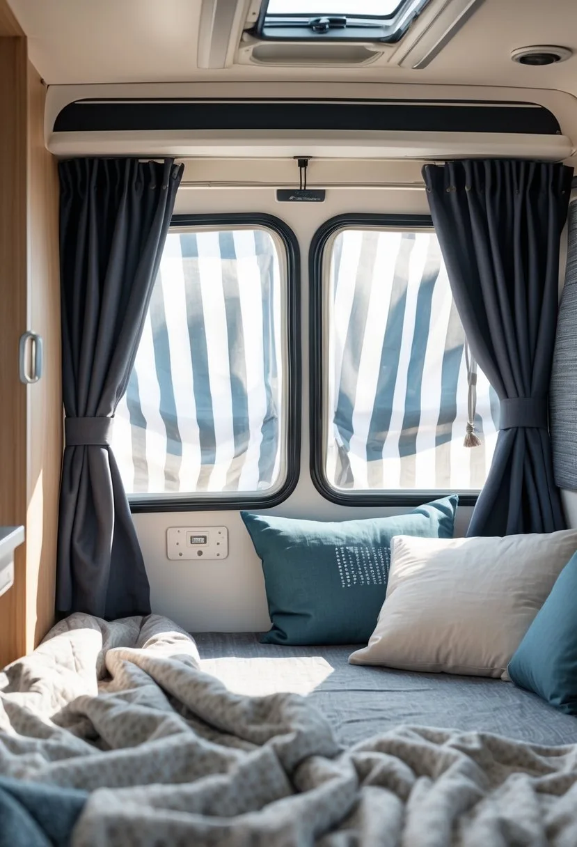 Interior of a camper van with blackout curtains partially closed over the windows, showing a cozy sleeping area with bedding inside.