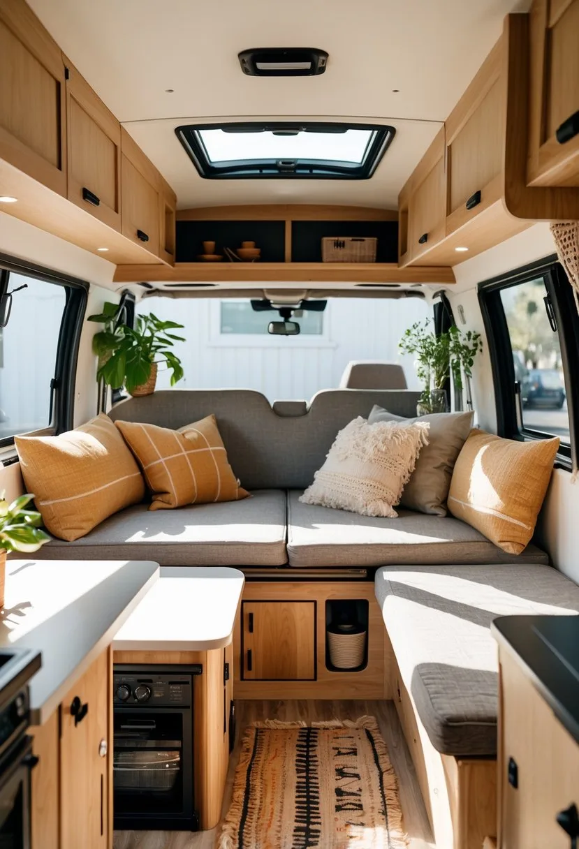 Interior of a remodeled camper van with cozy seating, wooden cabinets, and natural light coming through windows.