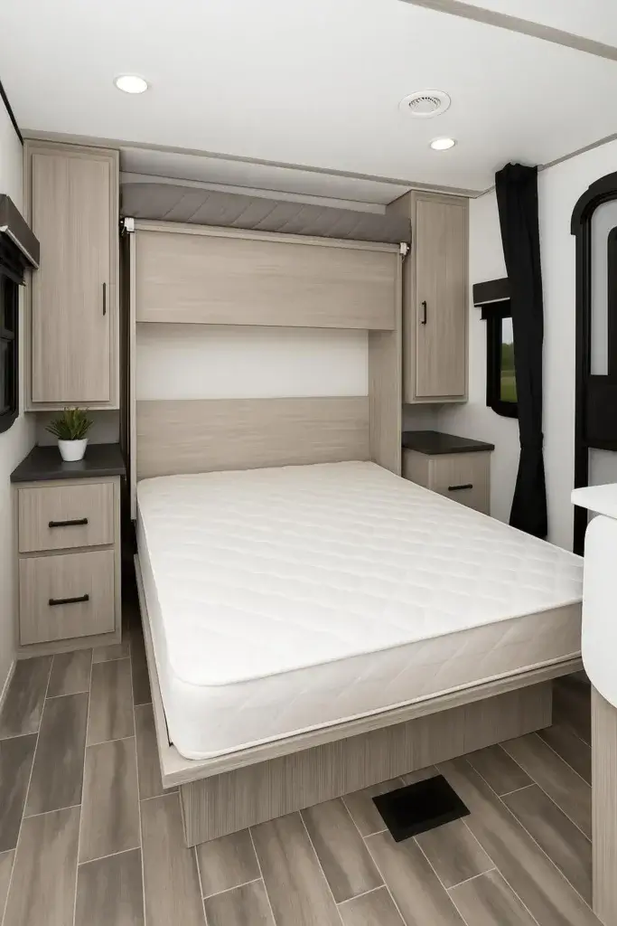 Interior of a camper with a folded Murphy bed revealing a spacious living area with seating and storage.