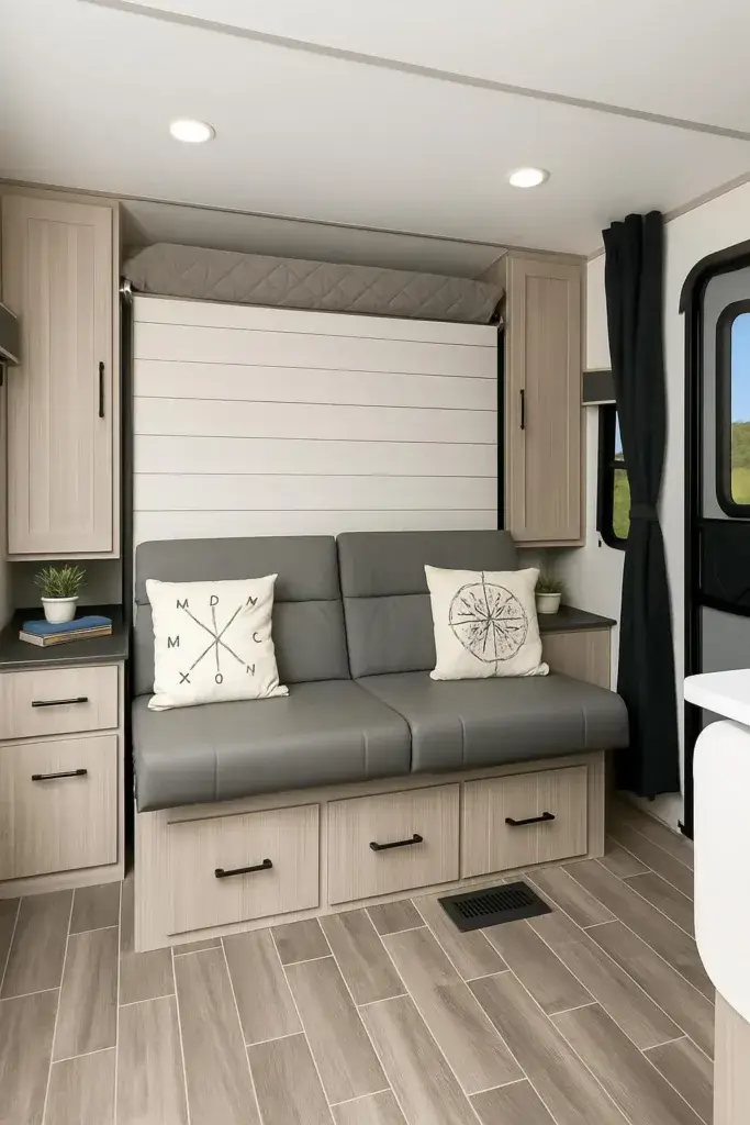 Interior of a camper with a folded Murphy bed revealing a spacious living area with seating and storage.