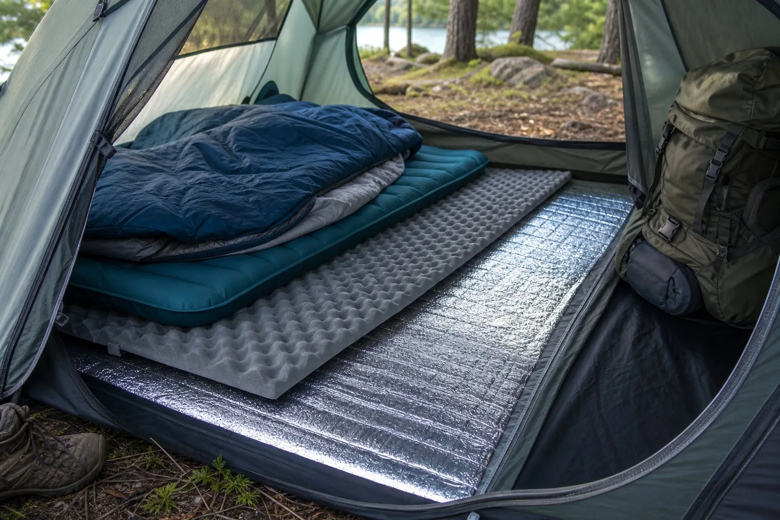 Inside a camping tent showing a well-insulated floor with foam pads and camping gear nearby.