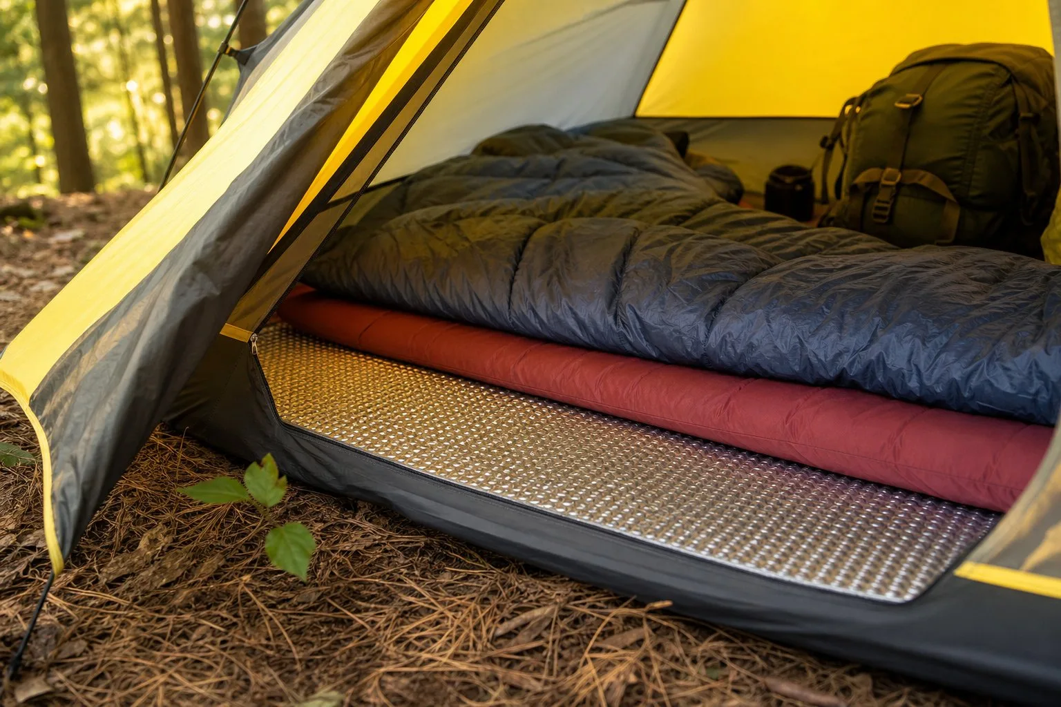 Inside of a tent with insulated floor layer beneath camping gear on a forest floor.