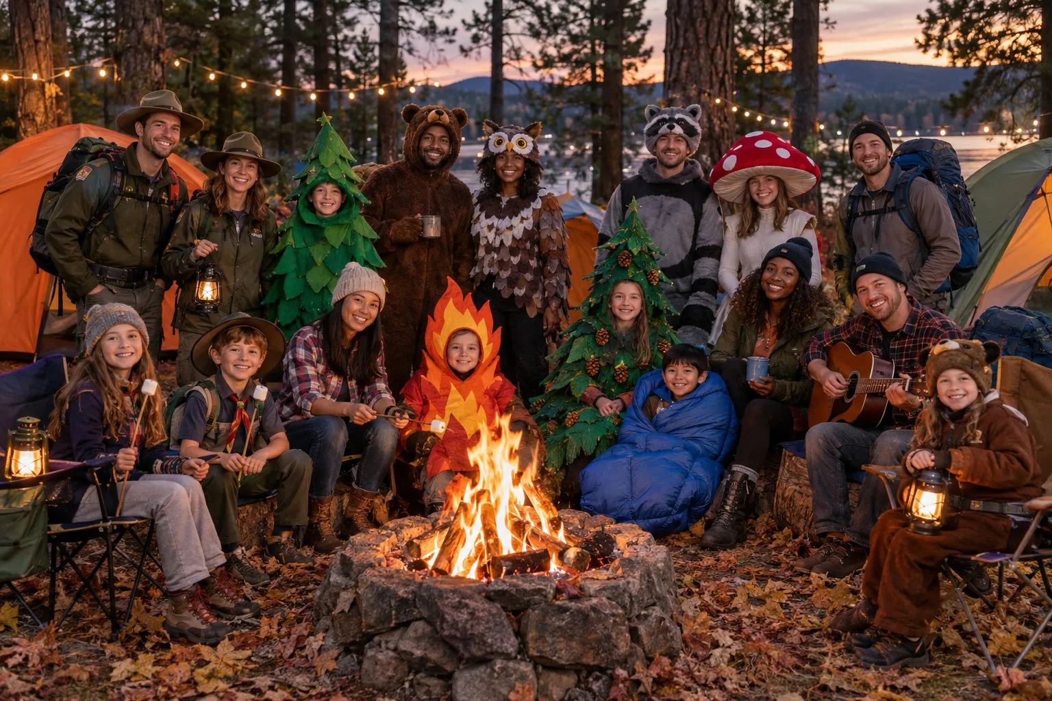 A group in camping-themed Halloween costumes gathers around a campfire beside tents.
