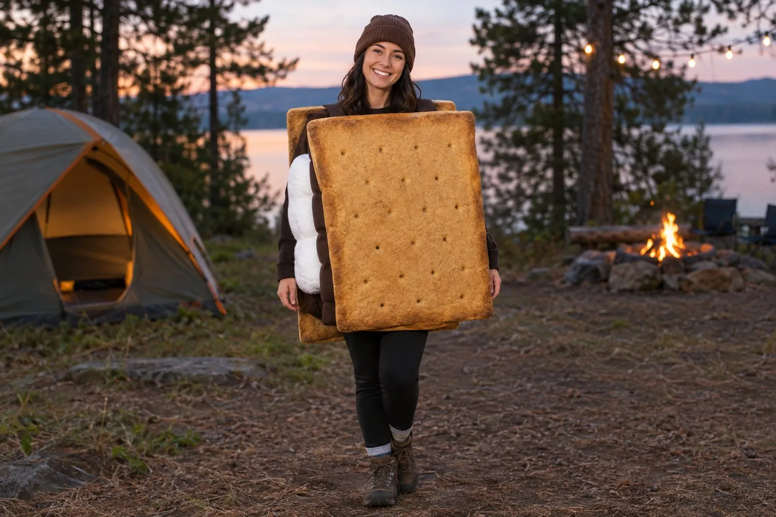 A person wearing a large graham cracker and marshmallow s'mores costume at a campsite.