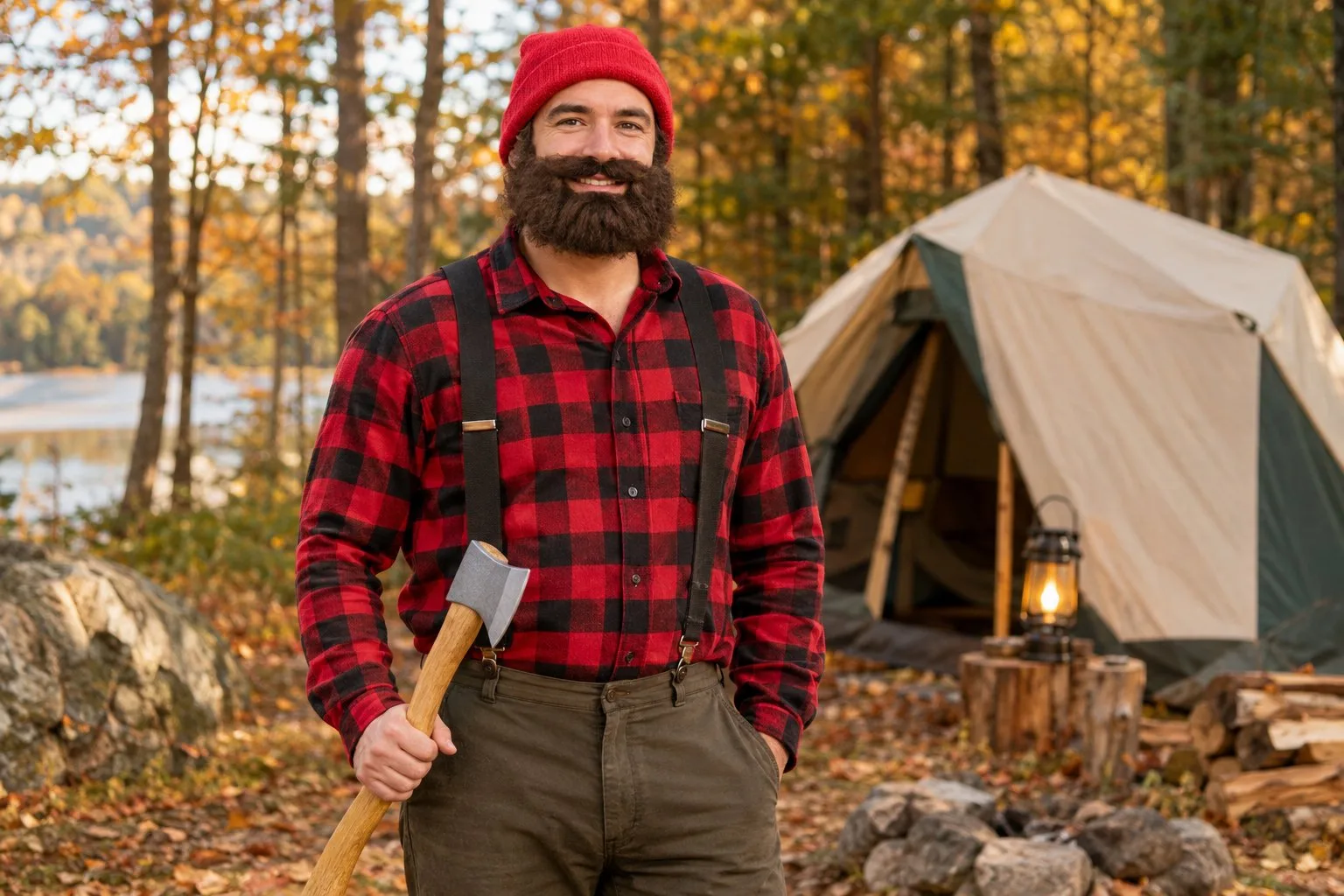 A camper in a plaid shirt, suspenders, and a fake beard stands at a woodland campsite.