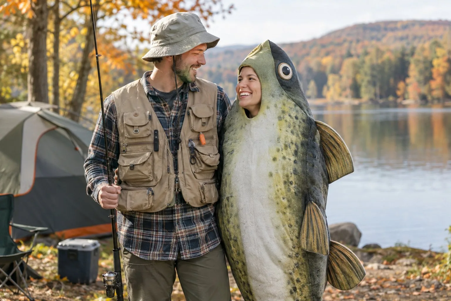 A fisherman in a fishing vest stands beside a companion wearing a stuffed fish costume at a campsite.