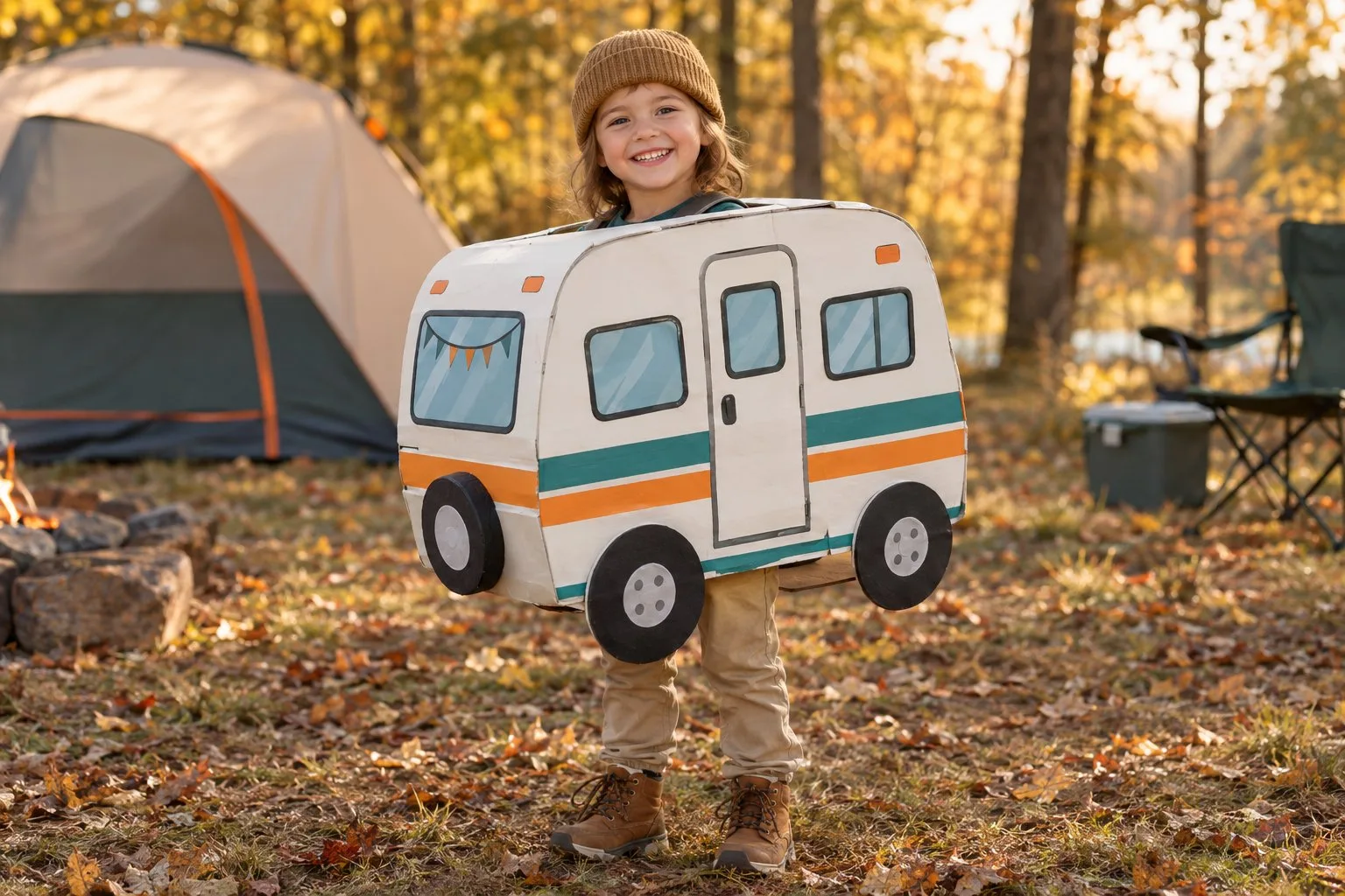 A child wearing a cardboard RV camper costume at an autumn campsite.