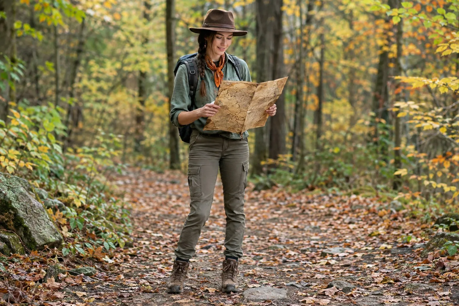 A backpacker in hiking boots holds a map on a forest trail.