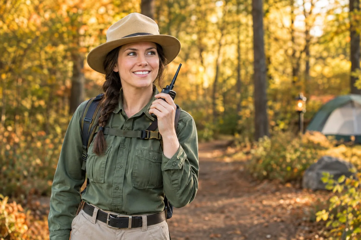 A person dressed as a park ranger holds a walkie-talkie on a wooded camping trail.
