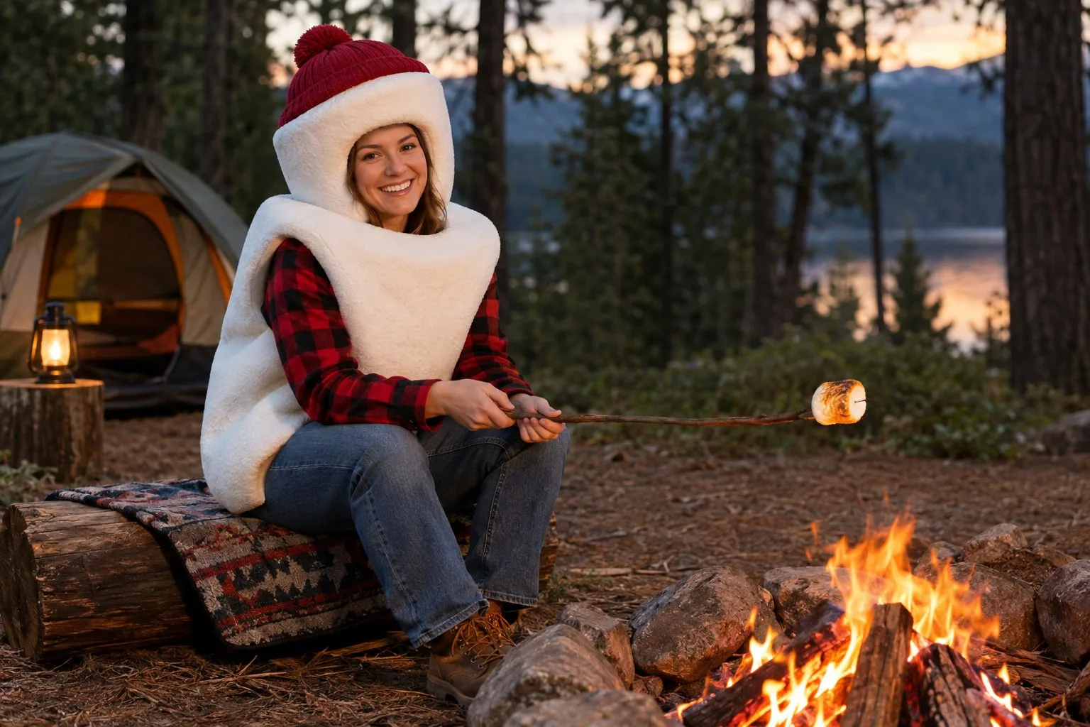 A person in a marshmallow costume and flannel camping clothes roasts a marshmallow beside a campfire.