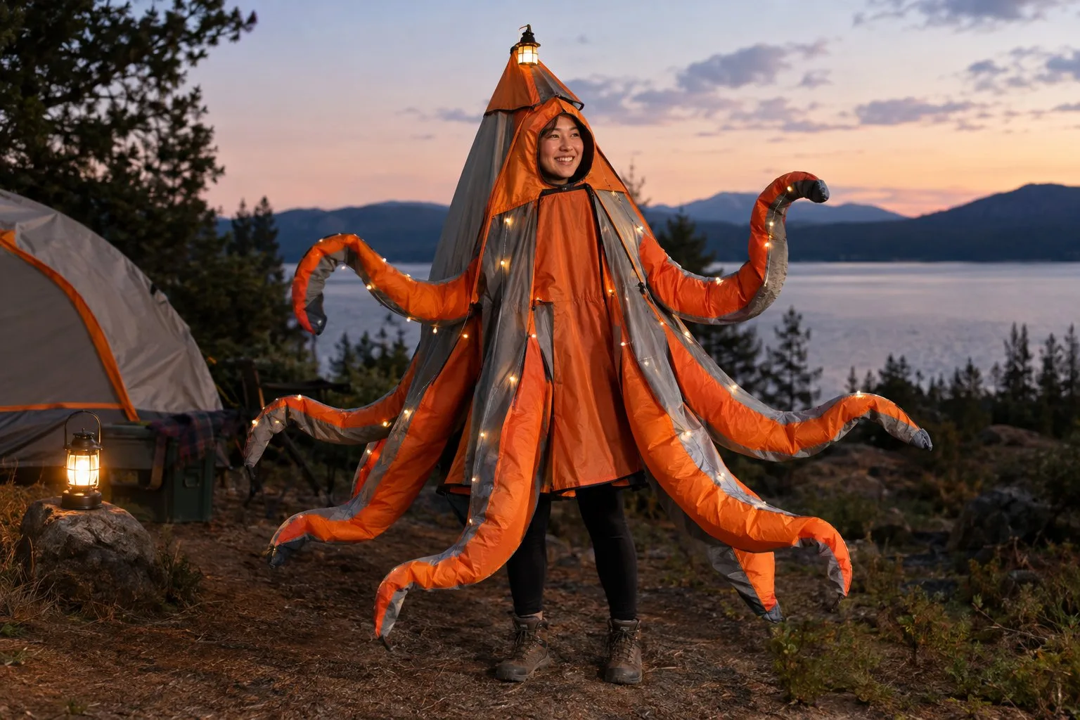 A person wearing a tent-shaped costume with fabric tentacles and glowing camping lights at a campsite.