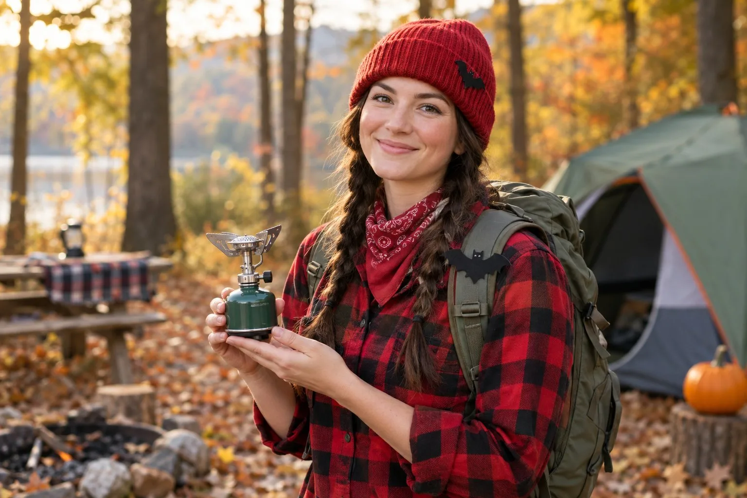 A person in a plaid shirt holds a miniature camping stove at an autumn campsite.