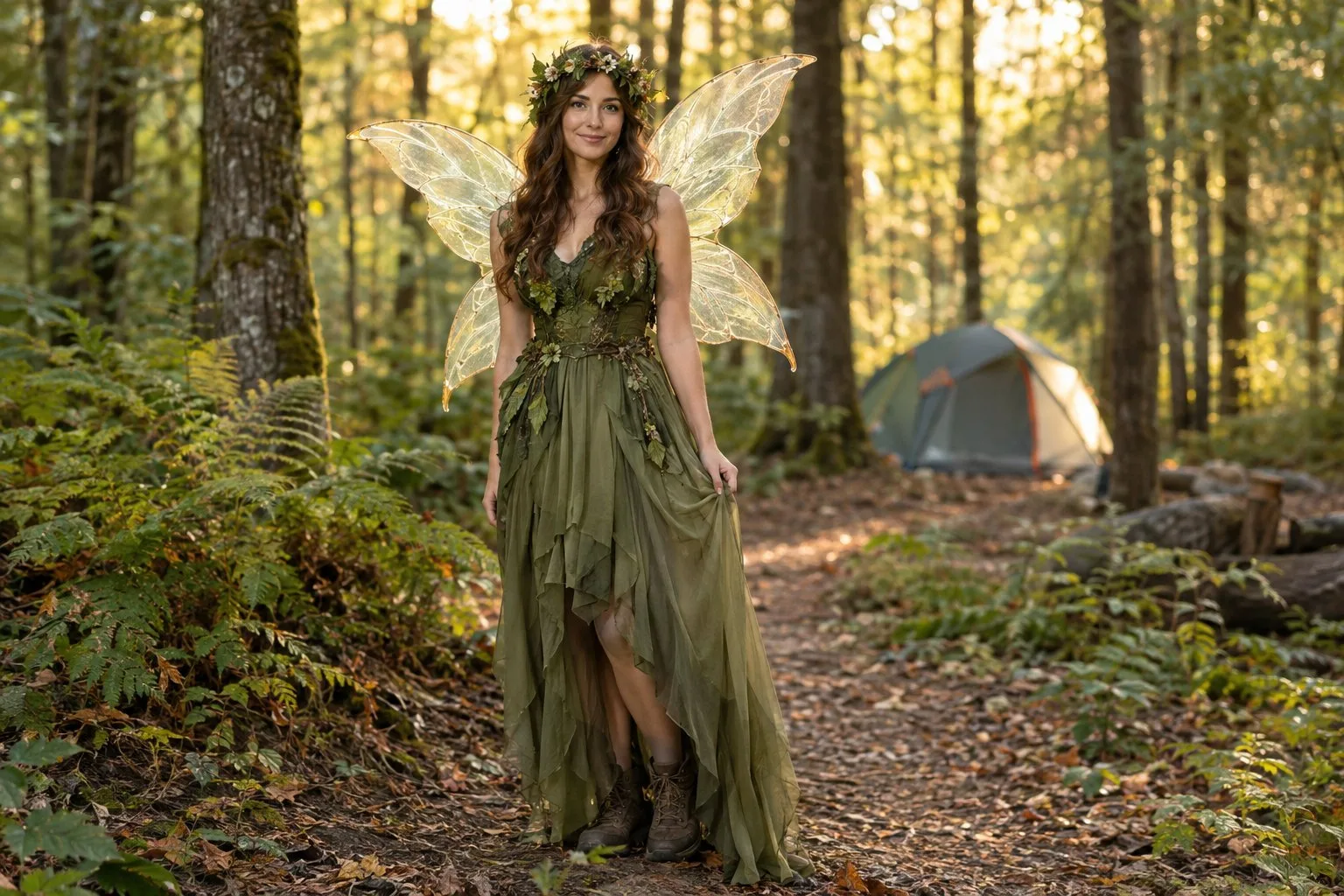 A woman dressed as a forest fairy stands on a woodland trail near a campsite.