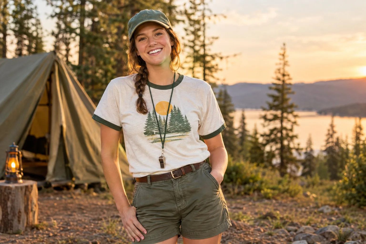 A camp counselor in a vintage T-shirt and whistle stands at a campsite.