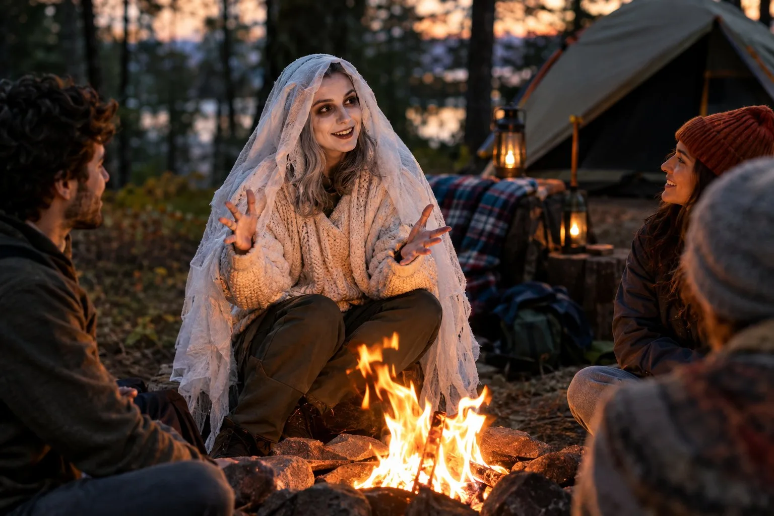 A person in a cozy sweater and spooky makeup tells a story beside a campfire while friends listen.