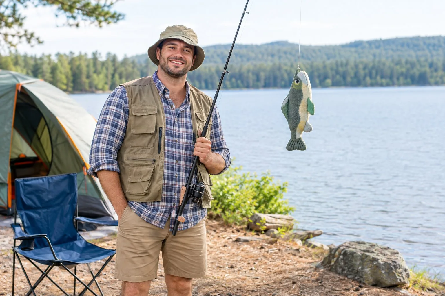 A camper in fishing clothes holds a fishing pole prop beside a lakeside campsite.