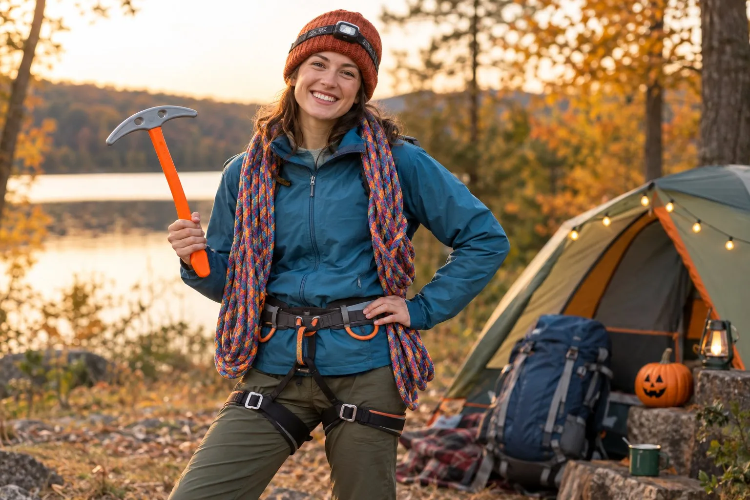 A person in a mountain climber costume stands beside a tent at a campsite.