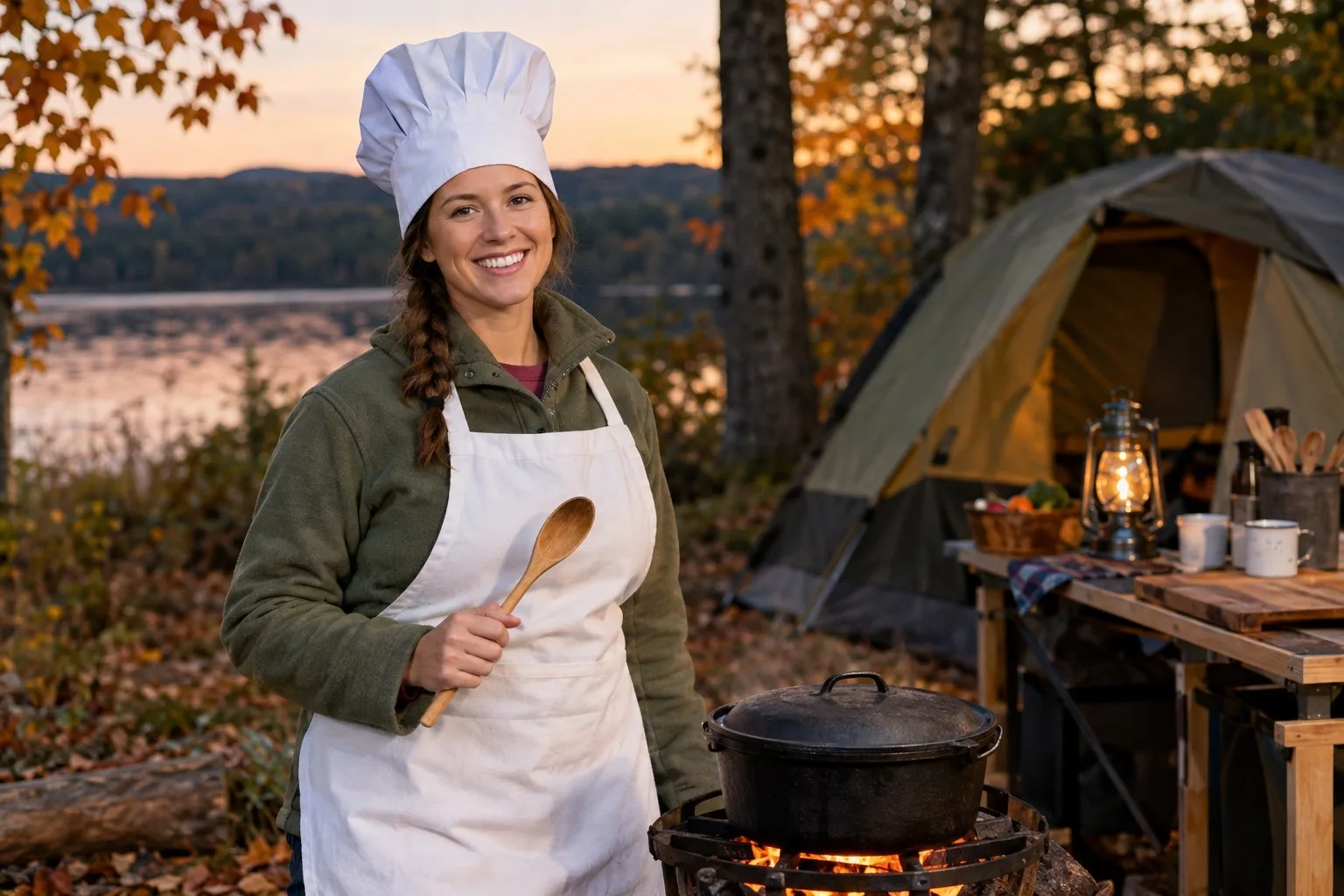A person dressed as a camp cook holds a wooden spoon beside a tent and campsite cooking area.