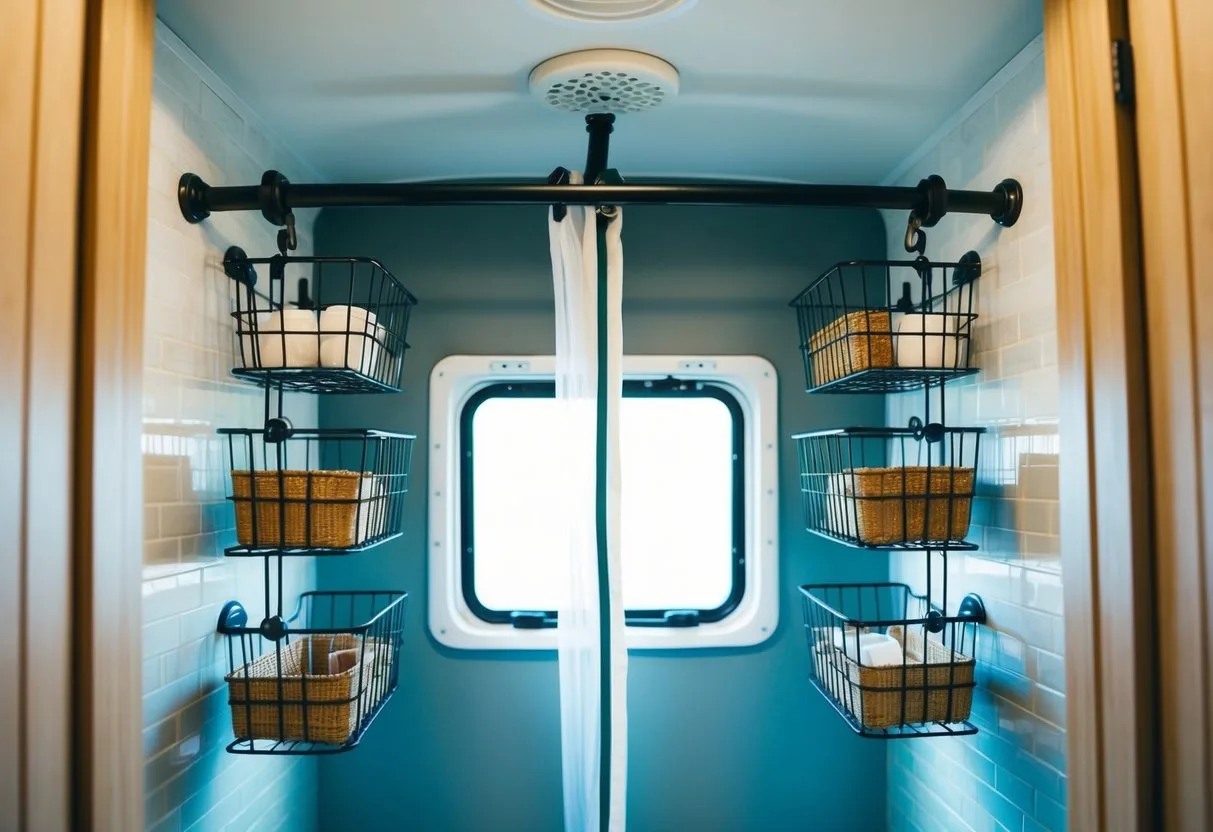 Tension rods hold shower caddies and baskets in a small RV shower, maximizing storage space