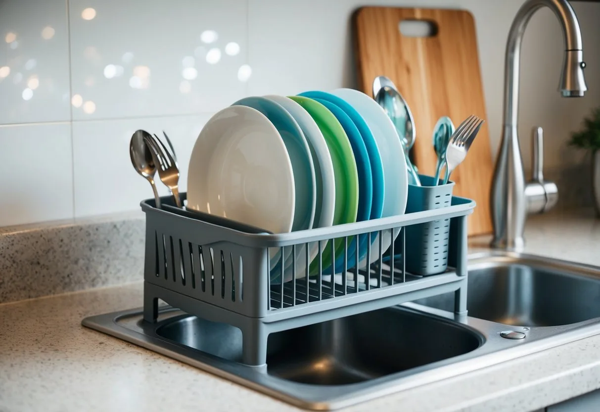 A collapsible dish drying rack sits on a countertop next to a sink, holding various dishes and utensils