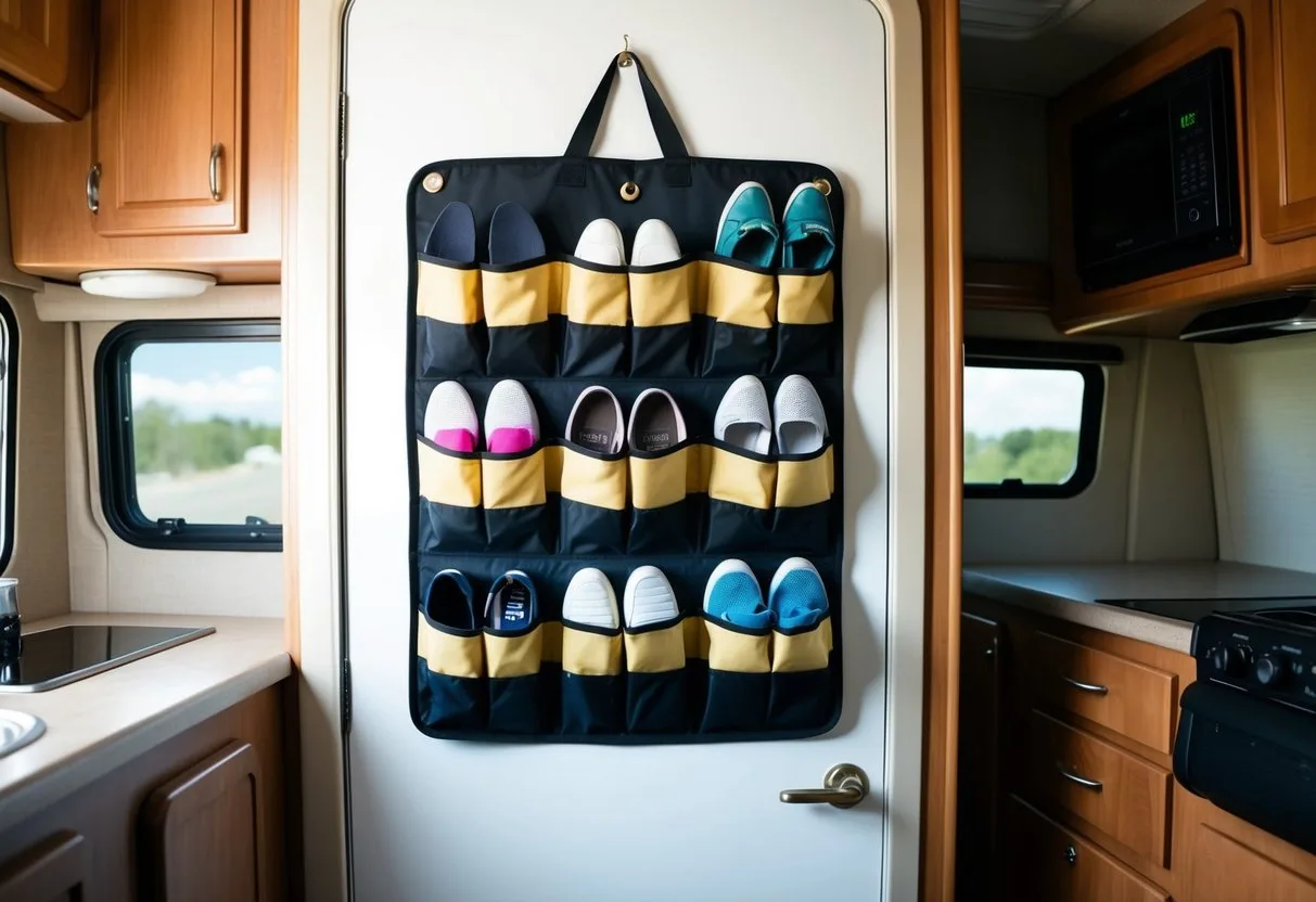 A shoe organizer hanging on the back of an RV door, filled with various shoes and small items neatly arranged in the pockets