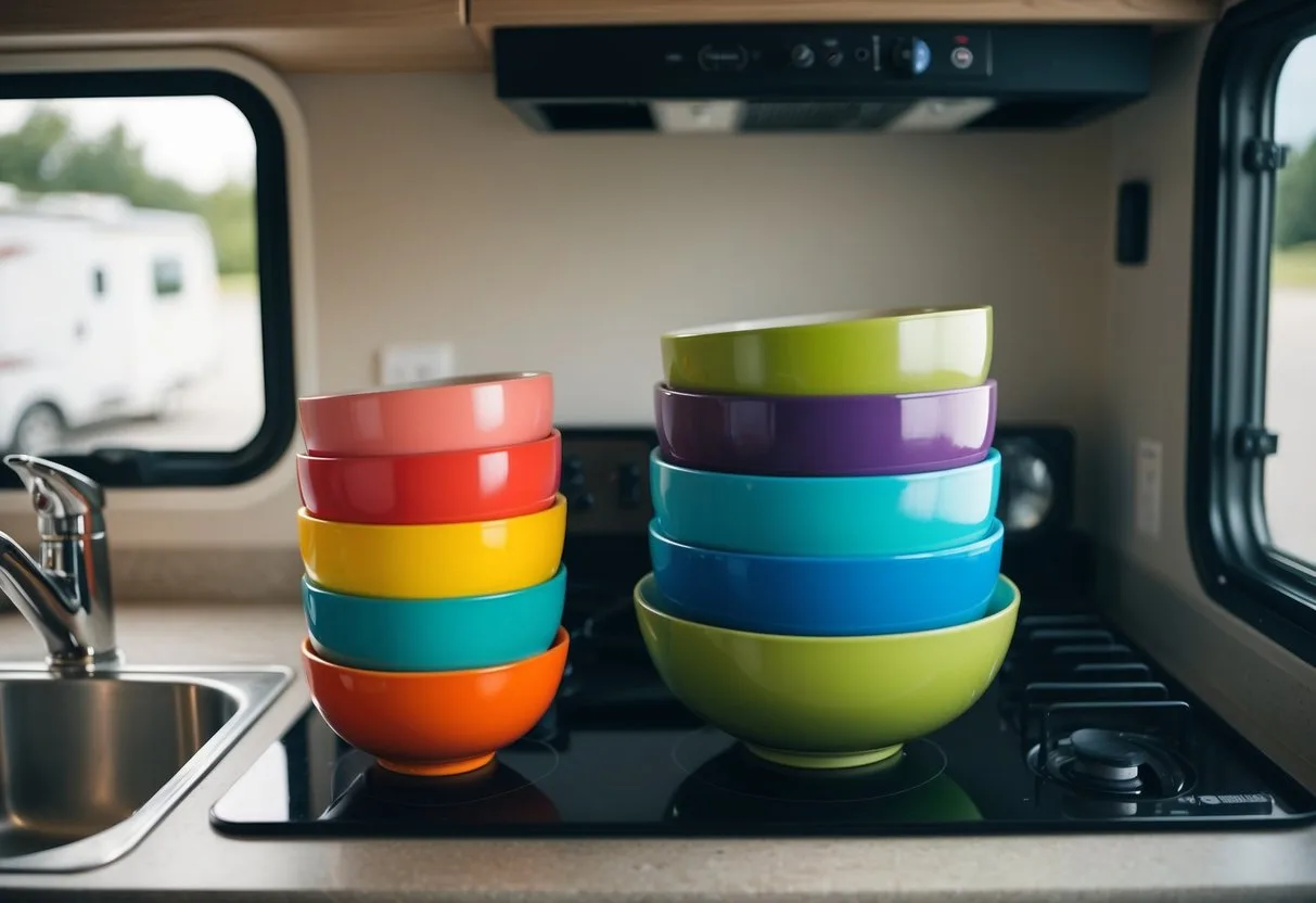 A set of colorful nesting bowls neatly stacked on a kitchen counter, ready for use in a compact RV space