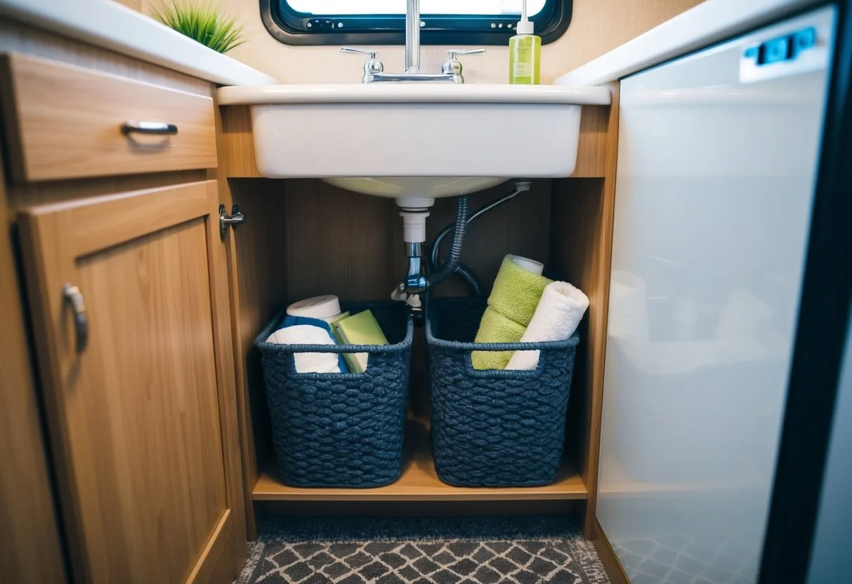A sliding basket filled with toiletries and towels under a bathroom sink in an RV