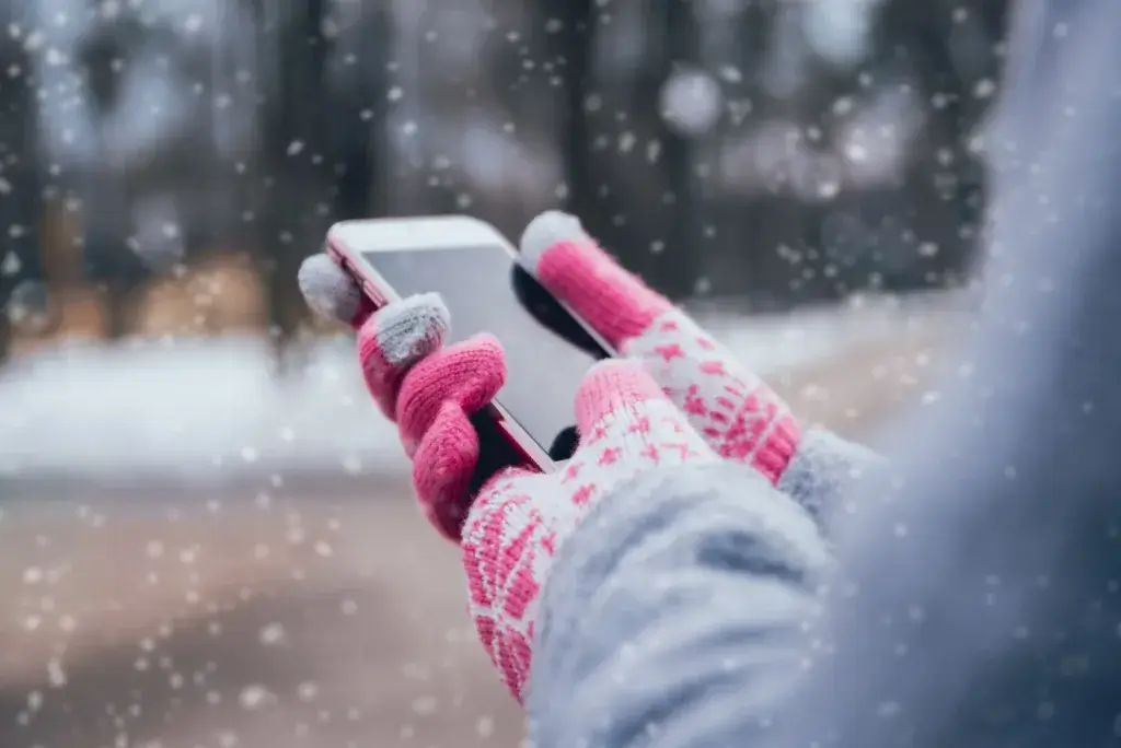 Woman wearing gloves holding a mobile phone on a snowy day.