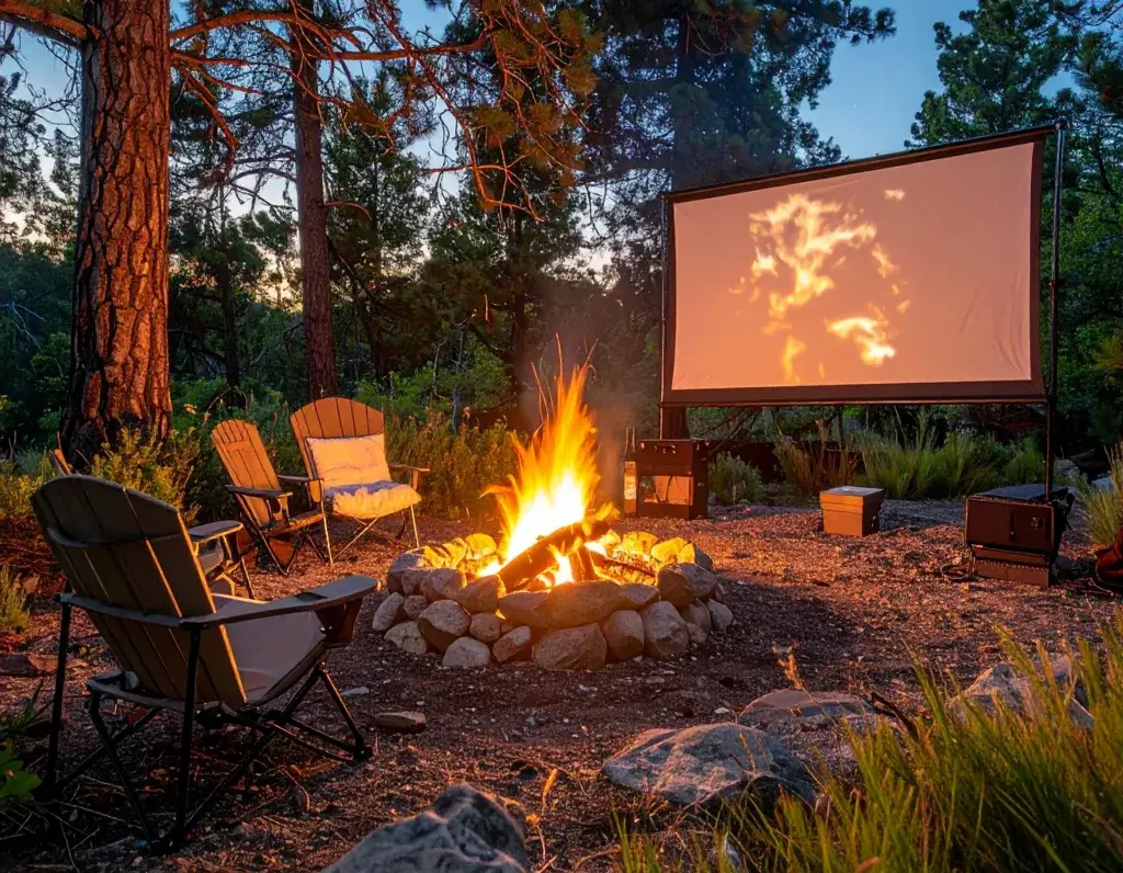 Cozy campsite with a glowing campfire, a comfortable seating area, and a portable movie projector.