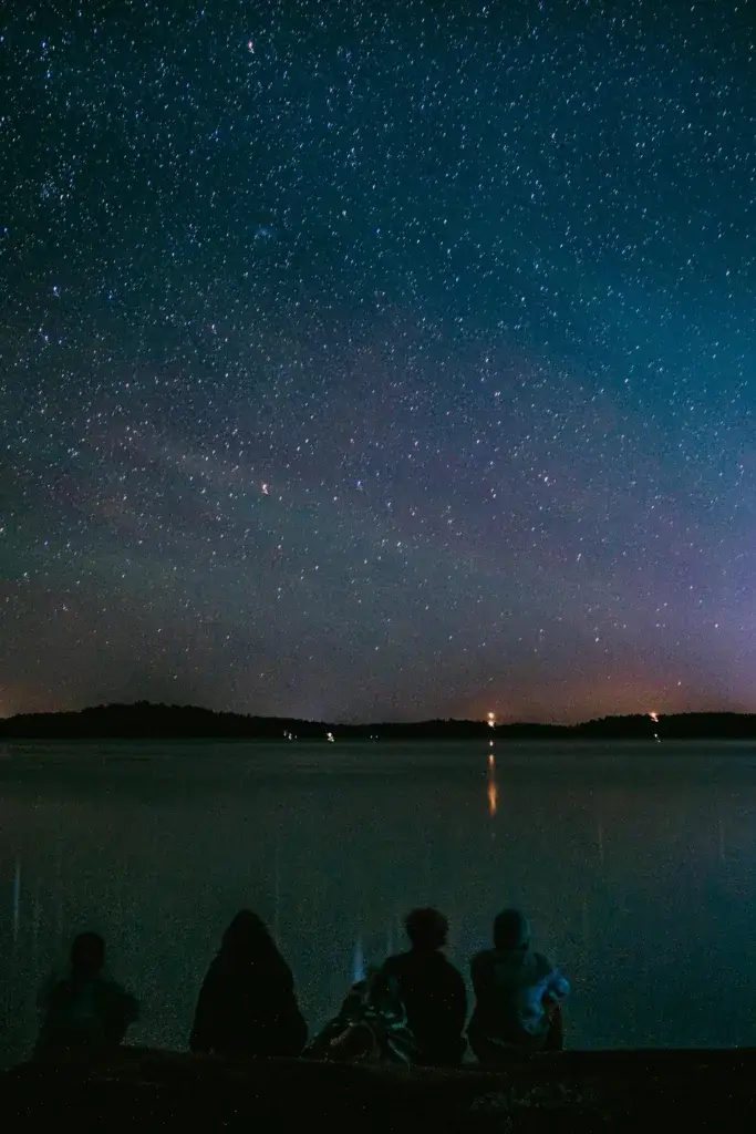 A group of friends enjoying a serene summer night by the lake under a starry sky.