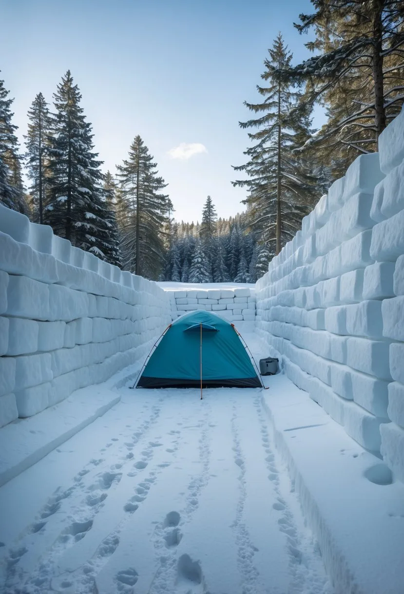 A winter campsite protected by tall snow walls acting as a windbreak, with a tent surrounded by snow and trees in the background.