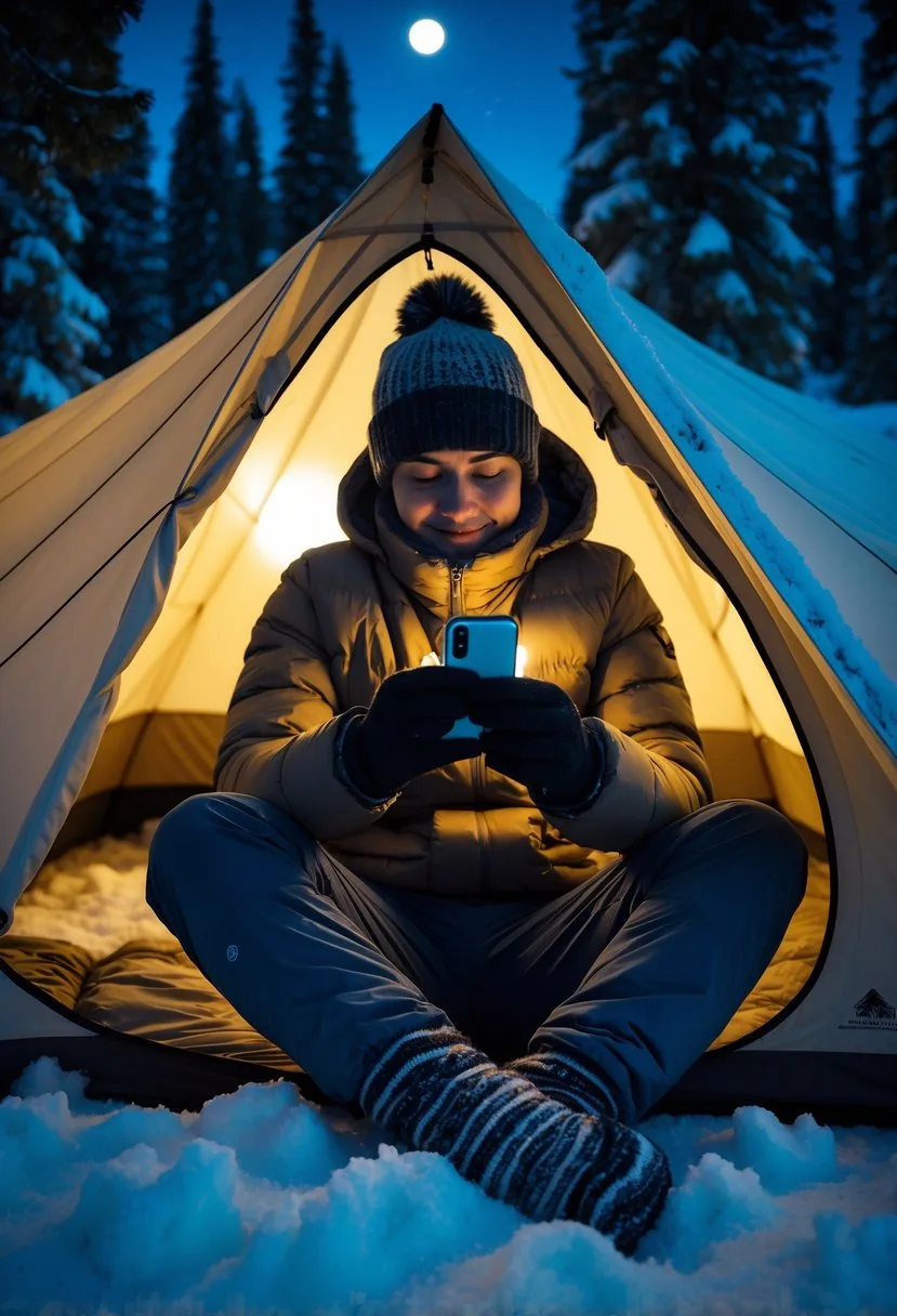 Person inside a tent at night holding a smartphone and electronics close to their chest to keep them warm during winter camping.
