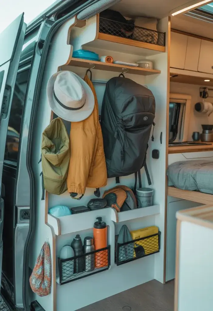 Interior of a campervan showing various creative storage solutions like under-seat drawers, overhead nets, fold-out tables, and hooks holding camping gear. 